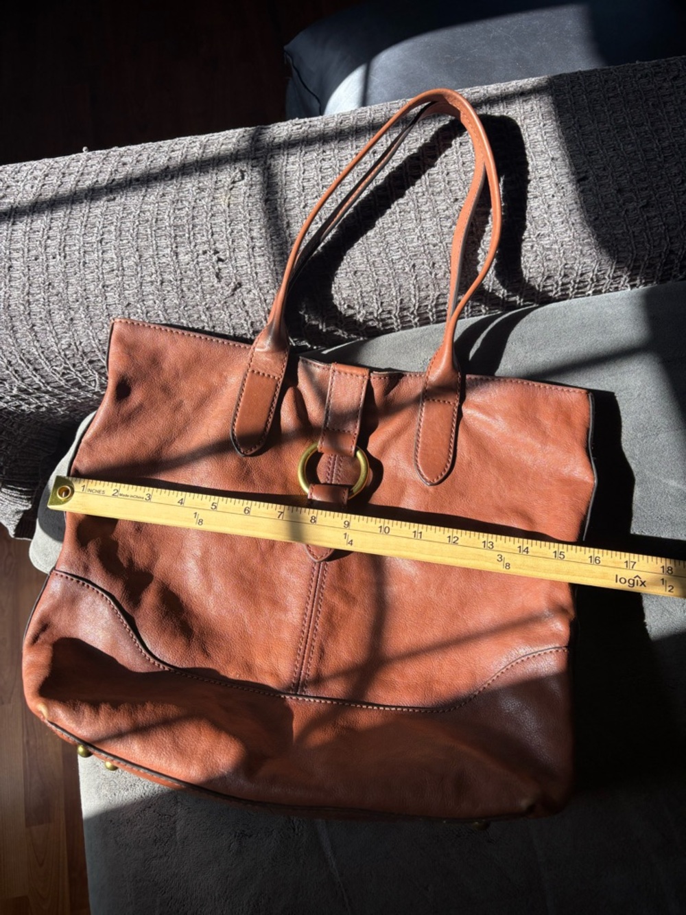 Frye Leather Ring Tote Bag Purse, Cognac, Genuine Leather - Picture 7 of 14